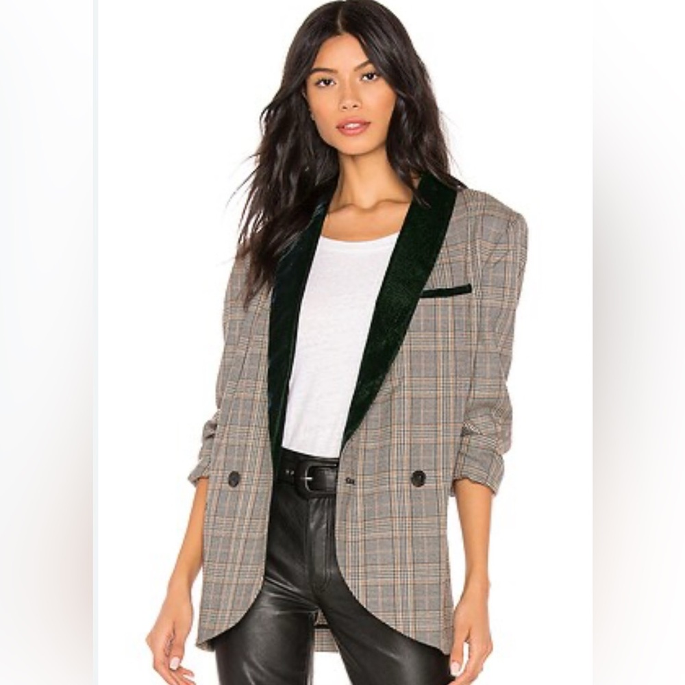 Free People Velvet Trim Blazer Plaid As Seen on TV Size XS Black Cream
